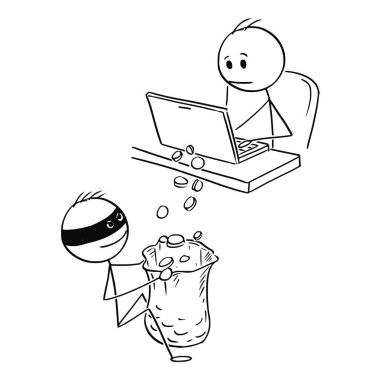Karikatür adam veya iş adamı çalışma bilgisayarı süre Hacker hakkında ona para çalıyor