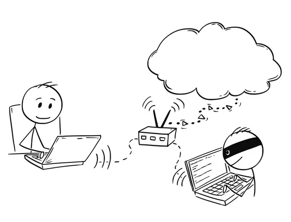 Γελοιογραφία του ανθρώπου ή επιχειρηματίας που εργάζεται στον υπολογιστή ενώ Hacker παραβιάζει σε δρομολογητή του δικτύου — Διανυσματικό Αρχείο