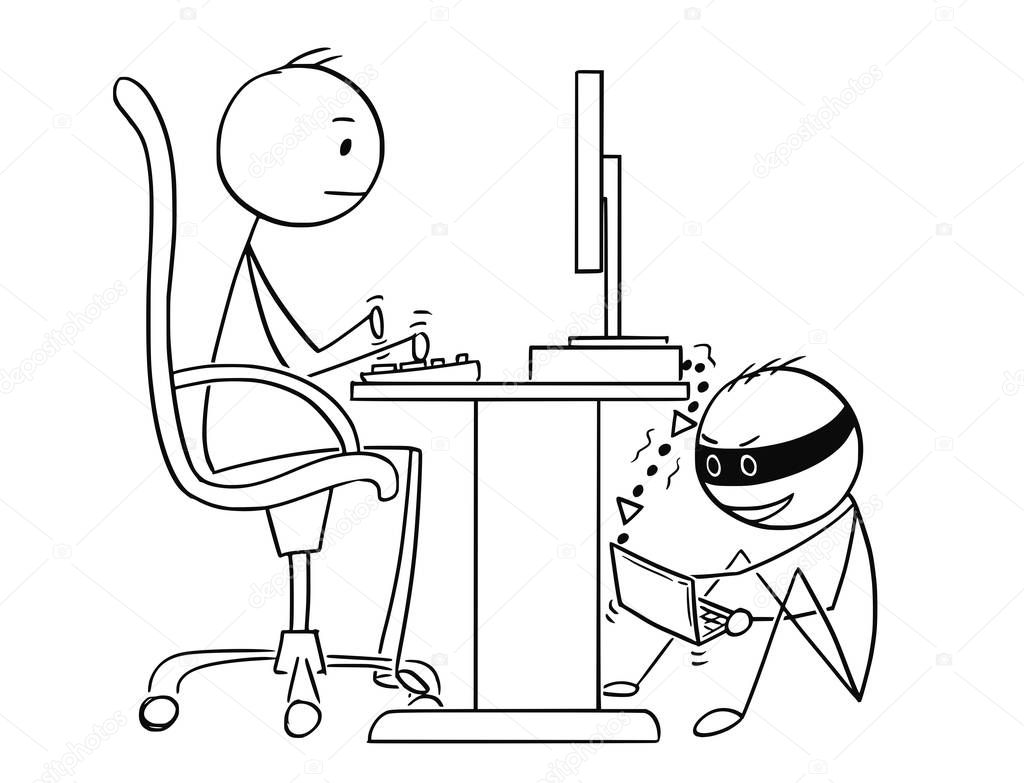 Cartoon of Man or Businessman Working on Computer While Hacker is Stealing His Data
