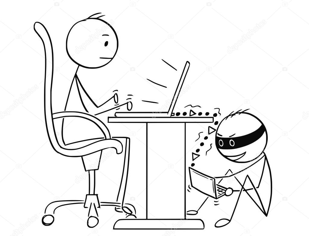 Cartoon of Man or Businessman Working on Computer While Hacker is Stealing His Data