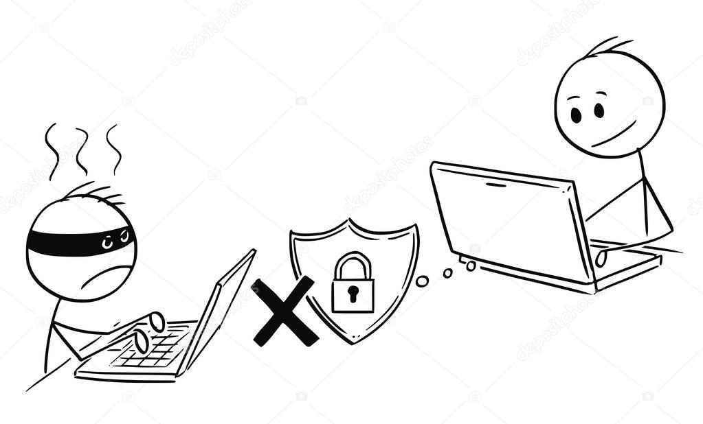 Cartoon of Man or Businessman Working on Computer While Hacker Cannot Breach his Strong Password
