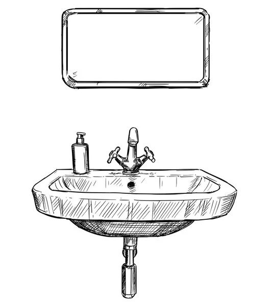 Dessin vectoriel à la main de l'évier et du miroir dans la salle de bain — Image vectorielle