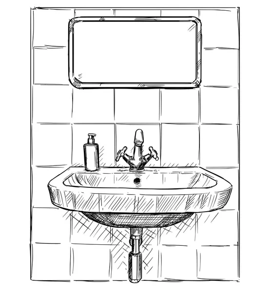 Dibujo de mano vectorial de fregadero y espejo en el baño — Vector de stock
