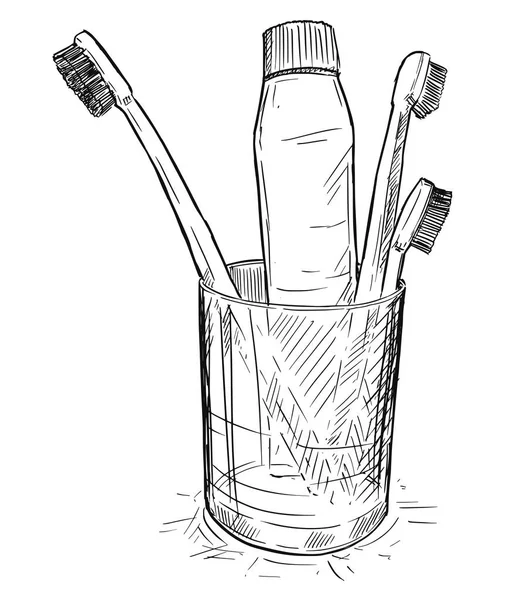 Dibujo a mano vectorial de cepillos de dientes y pasta de dientes en taza de vidrio en el baño — Archivo Imágenes Vectoriales