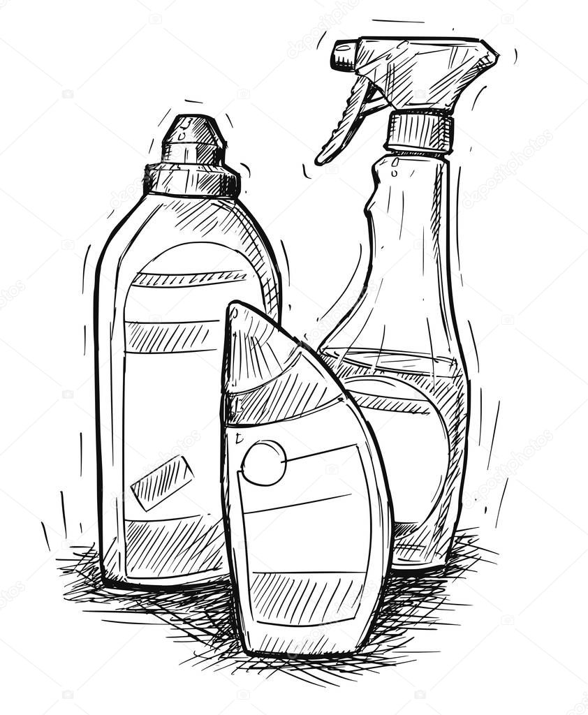 Vector Hand Drawing of Set of House Cleaning Products