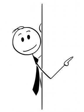 Cartoon of Businessman Peeping From Behind Wall and Pointing clipart
