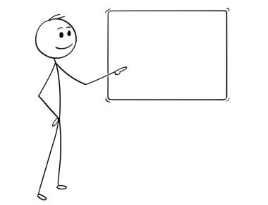 Adam ya da iş adamı boş tabelaya işaret, çizgi film