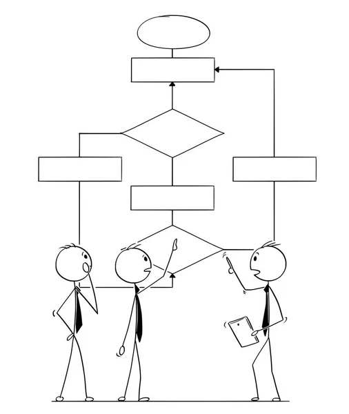 Caricatura del equipo de negocios o personas que trabajan en el esquema lógico — Vector de stock