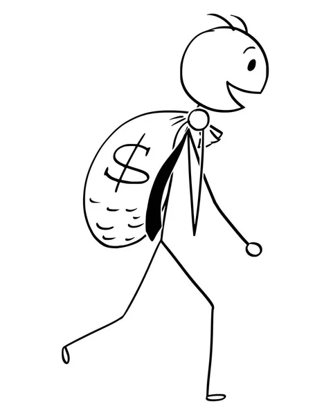 Dibujos animados del hombre de negocios sonriente llevar bolsa grande de dinero — Vector de stock