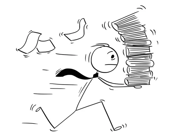 Caricature d'un homme d'affaires courant avec une pile élevée de fichiers de bureau — Image vectorielle