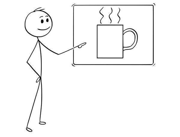 Karykatura człowieka lub biznesmen wskazując na znak filiżanka kawy — Wektor stockowy