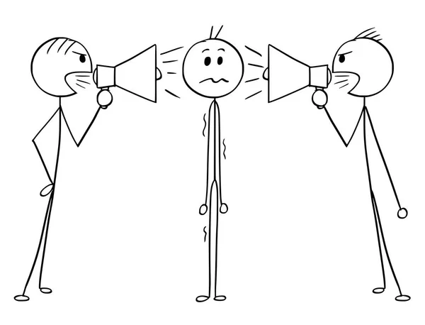 Cartone animato di uomo o uomo d'affari tra due uomini con altoparlanti — Vettoriale Stock