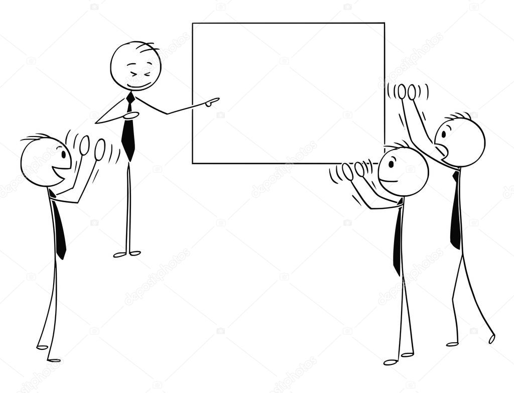 Cartoon of Business People Applauding to Speaker Pointing at Empty Sign