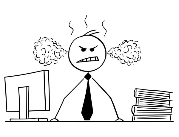 Karikatur eines wütenden Geschäftsmannes oder Managers hinter Schreibtisch — Stockvektor