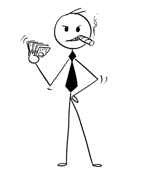 Caricatura del exitoso hombre de negocios con cigarro y paquete de dinero — Vector de stock