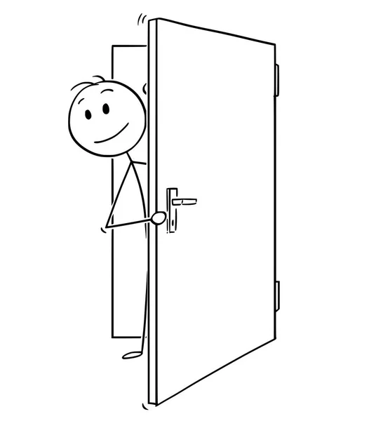Γελοιογραφία της χαμογελαστός άνθρωπος ή επιχειρηματίας κρυφοκοιτάζει έξω από την πόρτα ανοιχτή — Διανυσματικό Αρχείο