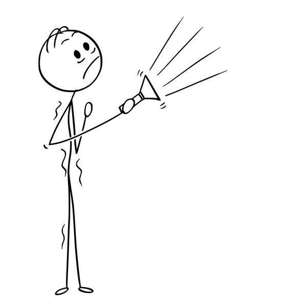 Caricature d'un homme ou d'un homme d'affaires effrayé avec torche ou lampe de poche — Image vectorielle