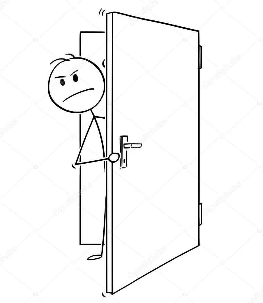 Cartoon of Angry Man or Businessman Peeping Out of the Open Door