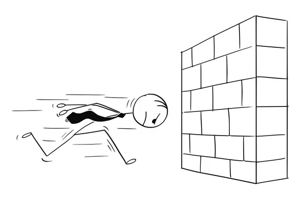 Karikatur eines eigenwilligen Geschäftsmannes, der mit dem Kopf gegen die Wand läuft — Stockvektor