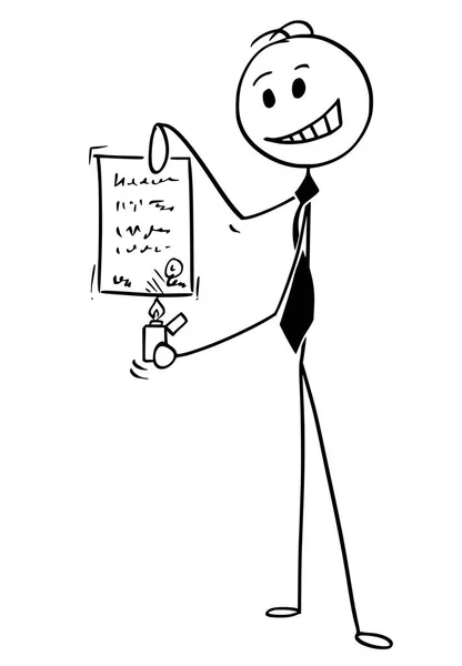 Cartoon of Businessman Masterizzazione o accensione di documenti o accordi — Vettoriale Stock