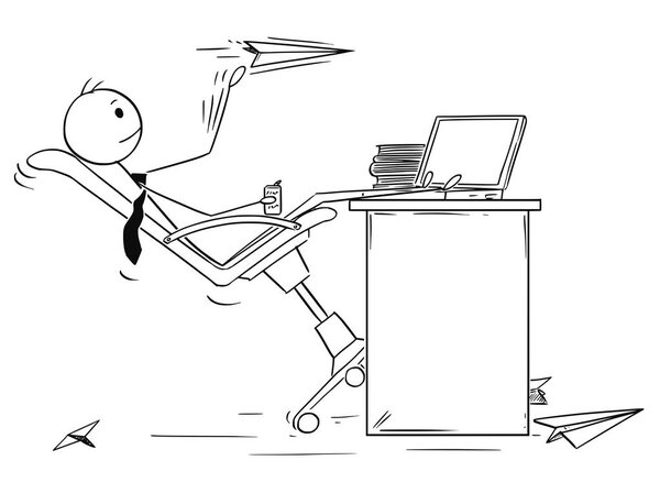 Cartoon of Bored Businessman Throwing Paper Airplanes