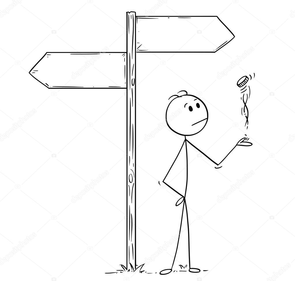 Cartoon of Man or Businessman Making Decision by Flipping a Coin Under Empty Arrows
