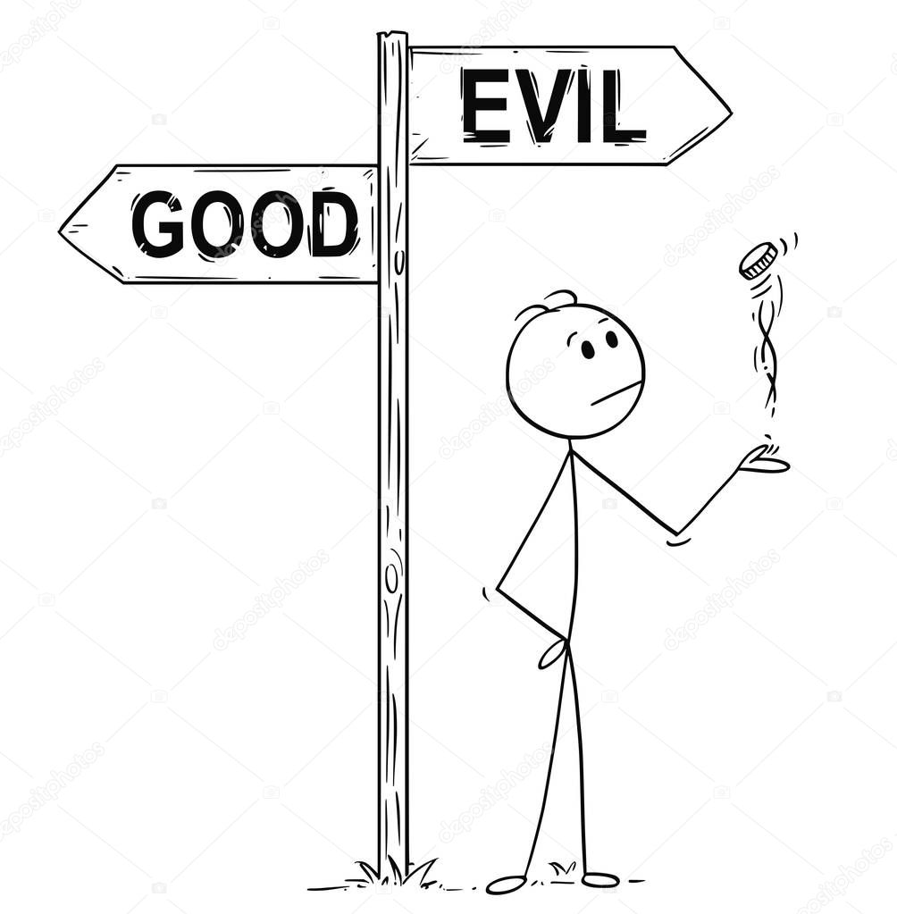 Cartoon of Man or Businessman Making Decision by Flipping a Coin Under Good or Evil Arrows