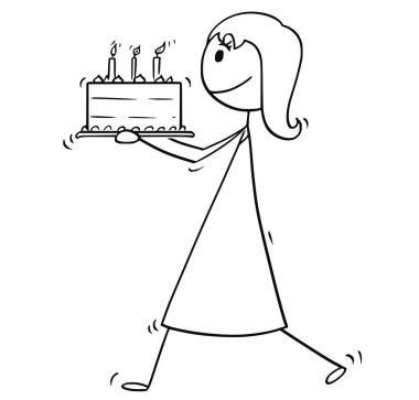 Kadın ya da doğum günü pastası ile yürüyüş işkadını çizgi film