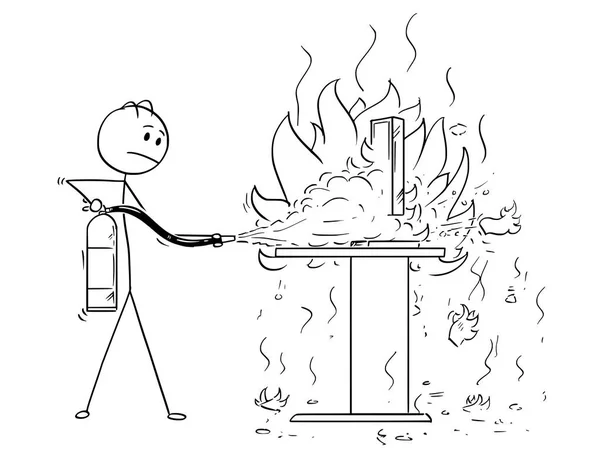 Cartoon van zakenman bestrijding van de brand op Bureau met behulp van blusser — Stockvector