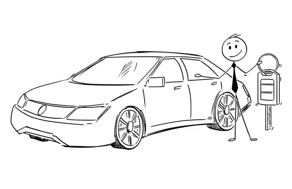 Caricature d'un homme d'affaires ou d'un concessionnaire ou d'un vendeur offrant une voiture et des clés — Image vectorielle