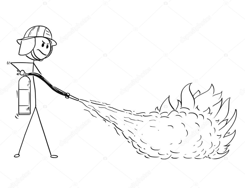 Cartoon of Firefighter Using Extinguisher to Fight the Fire