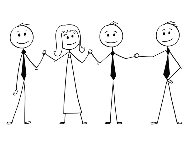 Caricatura del equipo de gente de negocios de pie y con las manos en la mano — Vector de stock