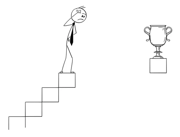 Caricatura del hombre de negocios de pie en la parte superior de las escaleras y viendo el inalcanzable trofeo — Vector de stock