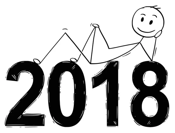 Caricatura del hombre o del hombre de negocios que miente en números grandes del año 2018 — Vector de stock