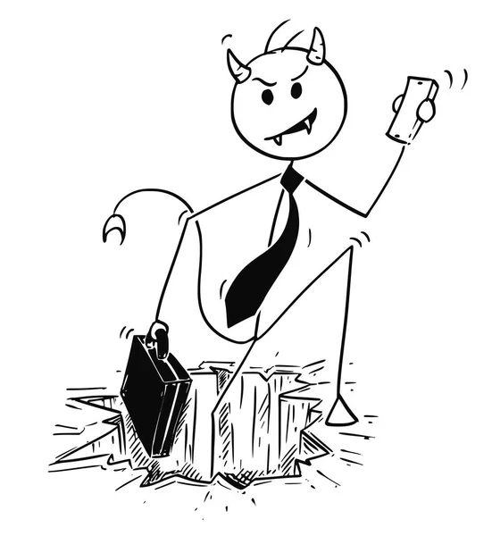 Dibujos animados del hombre de negocios Diablo que viene del agujero en la tierra o el infierno — Vector de stock