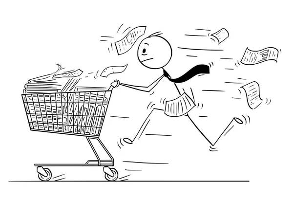 Desenhos animados de empresário correndo e empurrando carrinho de compras com arquivos de escritório — Vetor de Stock