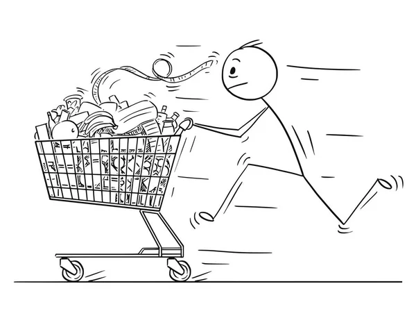 Cartoon of Man or Businessman Running and Pushing Shopping Cart Full of Goods — Stock Vector