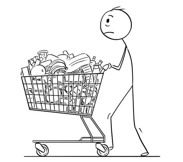 Cartoon of Tired Man or Businessman Pushing Shopping Cart Full of Goods — Stock Vector