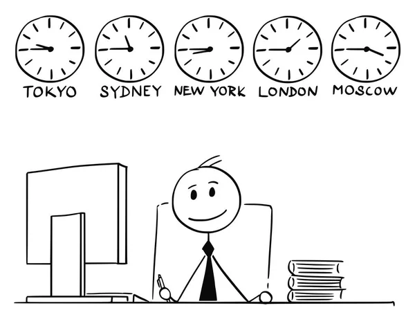 Kreslený podnikatele pracující v kanceláři s kolem hodiny za — Stockový vektor