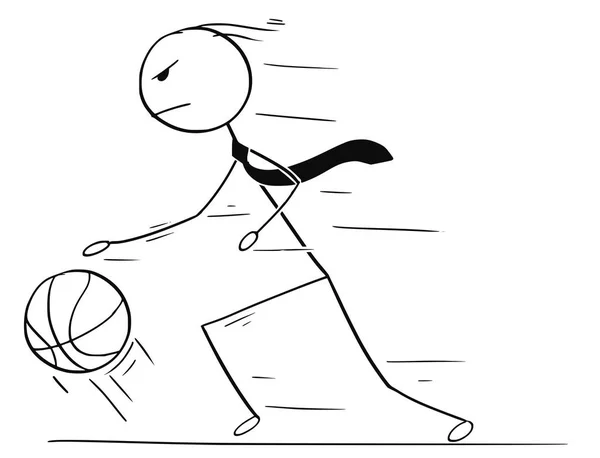 Γελοιογραφία του επιχειρηματία που παίζει μπάσκετ και ντρίμπλα μια μπάλα — Διανυσματικό Αρχείο