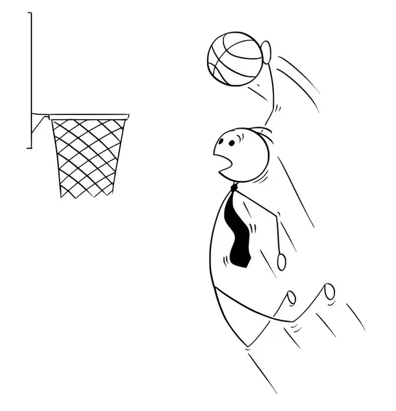 Karikatur eines Geschäftsmannes, der Basketball spielt und Tore schießt — Stockvektor