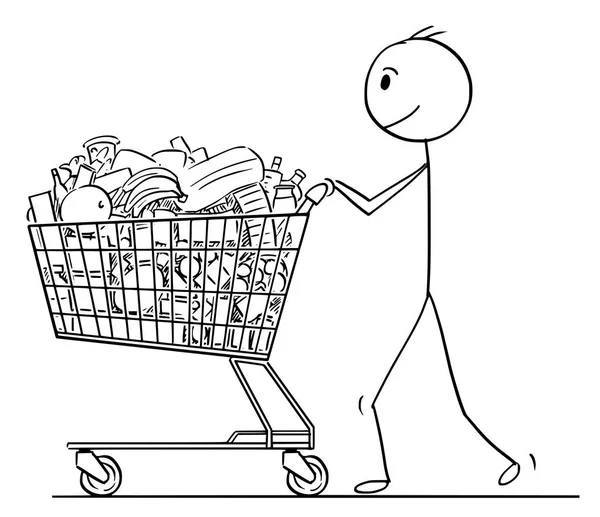 Cartoon of Smiling Man or Businessman Pushing Shopping Cart Full of Goods — Stock Vector