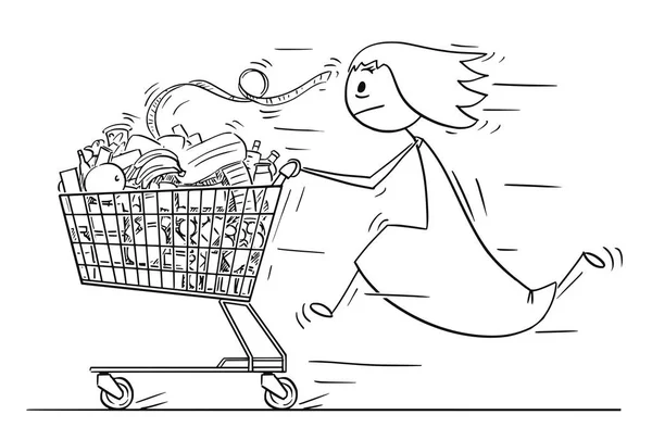 Cartoon of Woman or Businesswoman Running and Pushing Shopping Cart Full of Goods — Stock Vector
