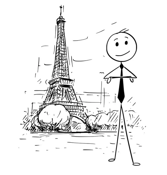 Caricatura del hombre de negocios parado frente a la Torre Eiffel en París, Francia — Vector de stock