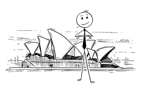 Cartoon of Businessman Standing in Front of Sydney opera House, Austrália —  Vetores de Stock