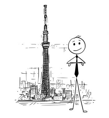Tokyo Skytree Kulesi, Japonya önünde işadamı duran karikatür