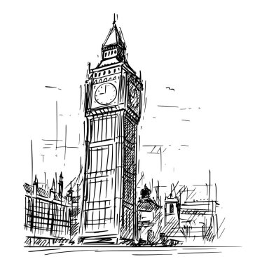 Karikatür kroki, Big Ben Saat Kulesi, Londra, İngiltere, Birleşik Krallık