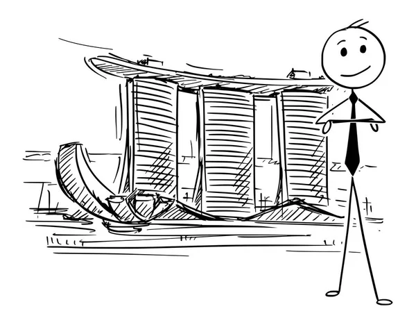 Γελοιογραφία του επιχειρηματία που στέκεται μπροστά από την άμμο Marina Bay, Σιγκαπούρη — Διανυσματικό Αρχείο