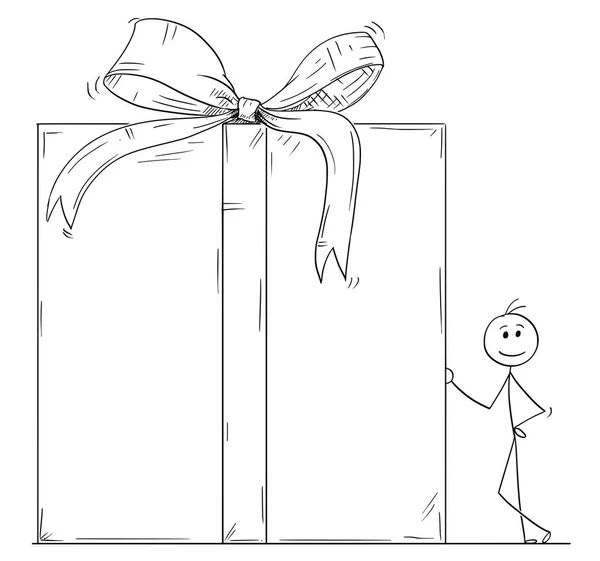 Dibujos animados del hombre o del hombre de negocios de pie con la caja de regalo grande presente en el abrigo — Archivo Imágenes Vectoriales