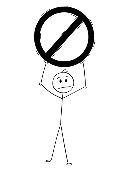 Dibujos animados del hombre o del hombre de negocios que sostiene el símbolo prohibido grande — Vector de stock